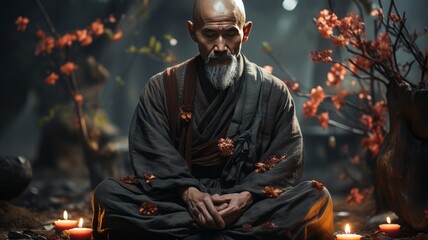 Asian monk meditating in a Buddhist temple. Religious concept
