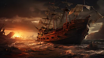  Illustration of a pirate ship wrecking on the beach © Ashley