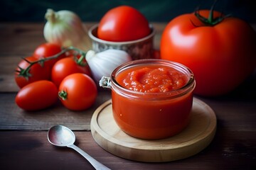 Tomato sauce in a glass jar on a wooden background
