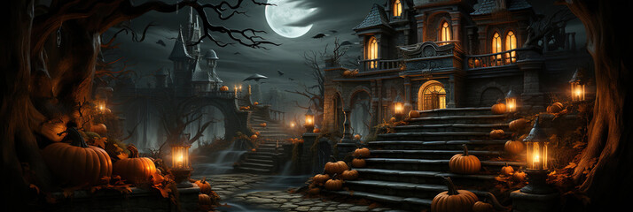 Photo of a spooky Halloween scene with pumpkins on a staircase. Mystic house