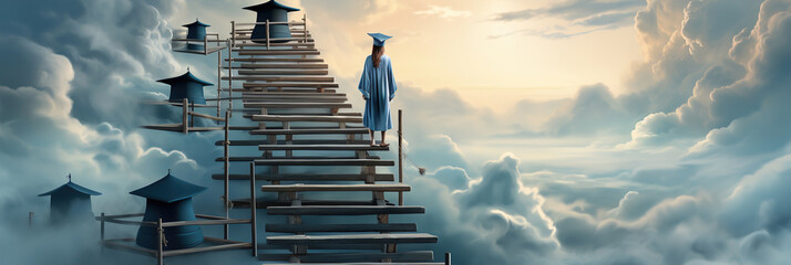 Student standing on a ladder in the clouds, capturing a surreal moment of success. - obrazy, fototapety, plakaty