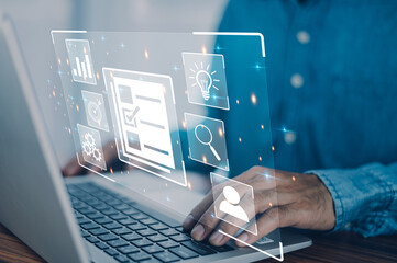 DMS is document management concept, Man using a computer to document management in online...