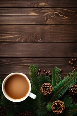 Christmas flat lay with a cup of coffee, christmas balls, green fir tree branches on brown wooden background with a copy space, top view. AI generated