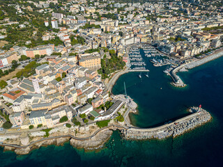 Aerial view of Bastia, its CItadele and its harbour, Corse island, France - 654719542
