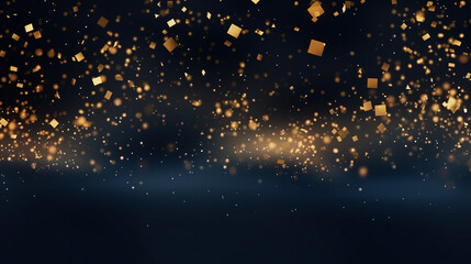 Abstract background with gold stars, particles and sparkling on navy blue. Christmas Golden light shine particles bokeh on navy blue background. 2024 New year background. Gold foil texture - obrazy, fototapety, plakaty