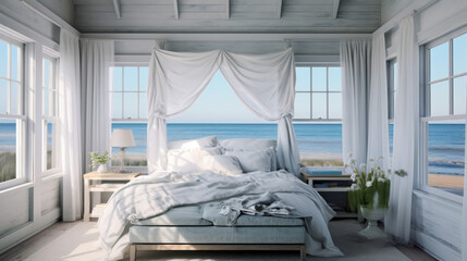 A charming coastal cottage bedroom with beadboard walls, seashell decor, and a canopy bed draped in sheer white curtains - obrazy, fototapety, plakaty