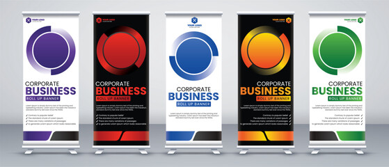 business roll up banner design set in purple, red, blue, yellow and green print ready colors with light and dark modes - obrazy, fototapety, plakaty