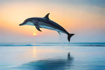 Fotobehang A spinner dolphin in red sea, cute dolphin acts in sea, dolphin is jumping out in the red sea © Asma