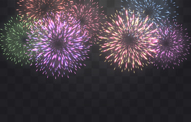 Vector festive fireworks isolated on png. New Year's Eve fireworks with brightly shining sparks. Realistic sparks and explosions. Colorful pyrotechnics show. Vector isolated on png background.