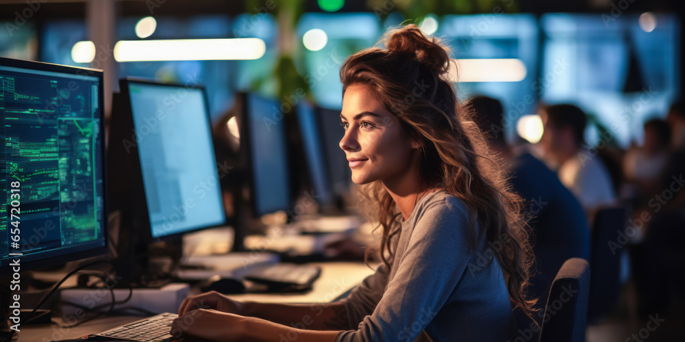 Aufkleber innovating in tech: woman computer programmer working on application development