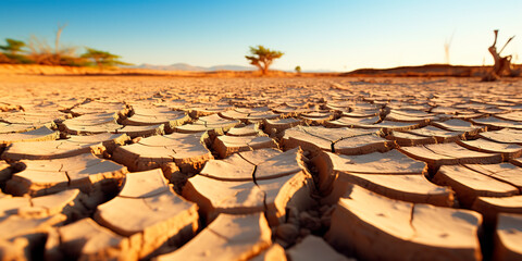 Dried land in the desert. Cracked soil crust. climate change - obrazy, fototapety, plakaty