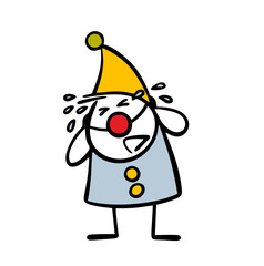 Cartoon clown with red nose and hat is crying loudly, sobbing in the circus arena. Vector illustration of performance in theater, an actor playing a sad role.