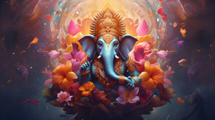 Illustration of Ganesh Hindu God with flowers oil - obrazy, fototapety, plakaty
