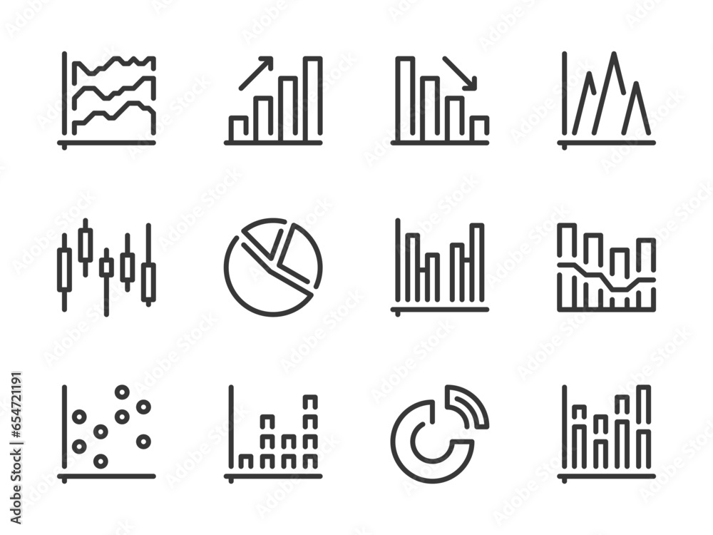 Poster graph and chart vector line icons. graphical data report outline icon set. pie chart, statistics, gr
