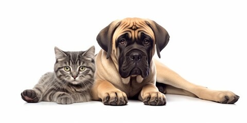 Mastiff dog and cute kitten lie together. isolated on white background. PNG. Two puppies. Post-processed generative AI, Generative AI  - obrazy, fototapety, plakaty
