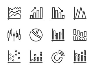 Graph and Chart vector line icons. Graphical Data Report outline icon set. Pie chart, Statistics, Graphic, Diagram, Dot Plot, Flowchart and more.