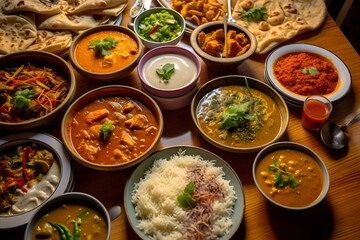 Traditional indian food on wooden table