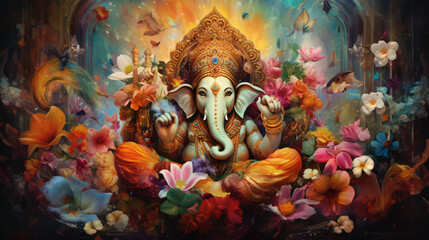 Illustration of Ganesh Hindu God with flowers oil - obrazy, fototapety, plakaty