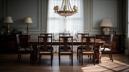 A classic dining room with a mahogany table, a chandelier, and tufted dining chairs - obrazy, fototapety, plakaty