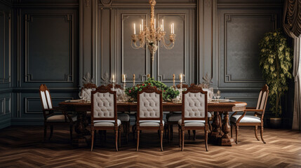 A classic dining room with a mahogany table, a chandelier, and tufted dining chairs