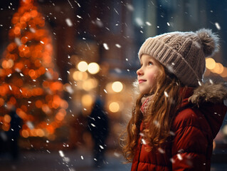 A side profile of girl child standing next to a Christmas tree in the city, snow in the city square, christmas market, winter season, happy holidays