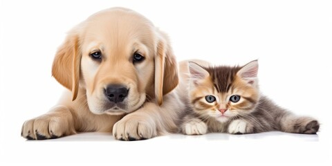 Golden retriever puppy and cute kitten lie together.  isolated on white background. PNG. Two...