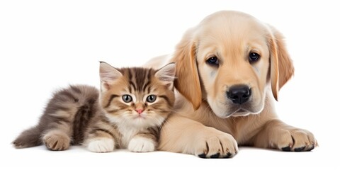 Golden retriever puppy and cute kitten lie together.  isolated on white background. PNG. Two puppies post-processed, Generative AI 