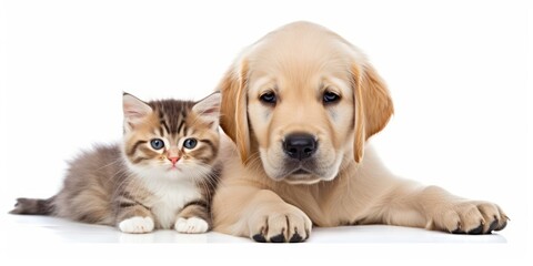 Golden retriever puppy and cute kitten lie together.  isolated on white background. PNG. Two...