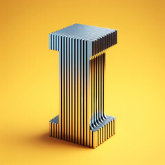 3D typography of the letter I on a yellow background. Chrome shiny texture, ridges, minimal