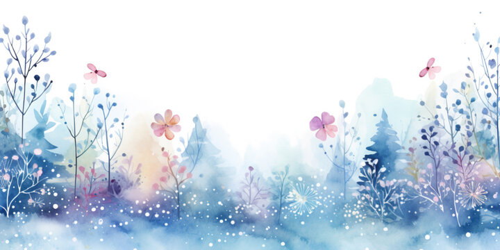 Floral winter watercolor background with pale plants and flower and space for text
