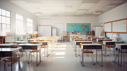 A classroom with long rows of desks a whiteboard and several posters on the wall - obrazy, fototapety, plakaty