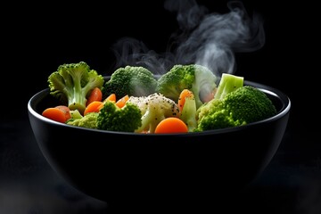 Vegetables in a black bowl with smoke