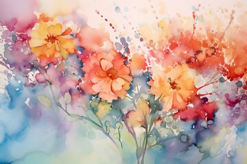 Watercolor painting of flowers on abstract watercolor background