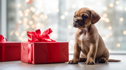 gute puppy with red gift bowon in red gift box on, generative ai - obrazy, fototapety, plakaty