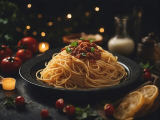 spaghetti with tomato sauce and basil on dark plate at restaurant, blurry background
