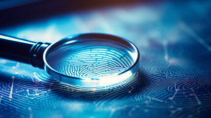 magnifying glass on a fingerprint, forensic investigation concept - obrazy, fototapety, plakaty