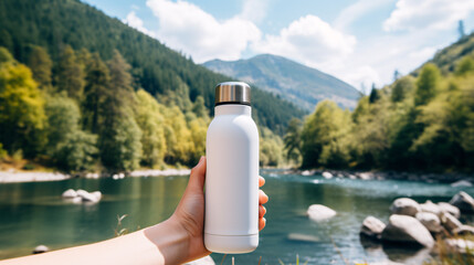 Hand holding a bottle of water in front of a mountain and a lake, hand Holding A Reusable Bottle While Hiking - Powered by Adobe