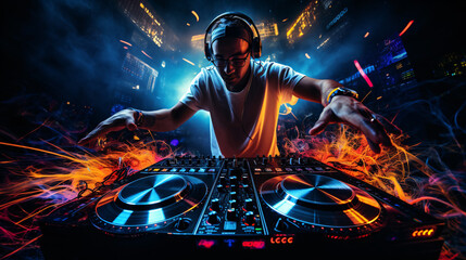 dj in the nightclub,  DJ Playing Upbeat music, image for a flyer