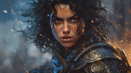 Portrait of a young curly haired warrior woman in a medieval/fantasy armor during battle. - obrazy, fototapety, plakaty