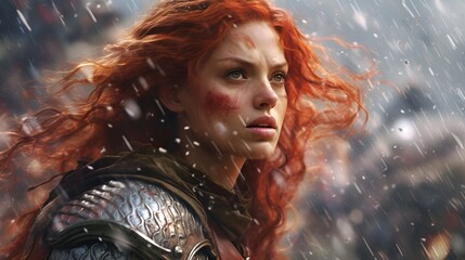 Portrait of a young curly haired warrior woman in a medieval/fantasy armor during battle.
