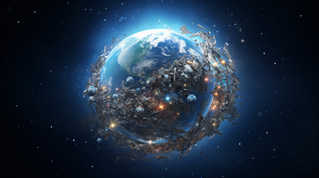 Earth is surrounded by space junk from spaceships and satellites, outer space view, Space junk concept