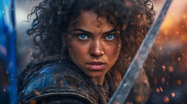 Portrait of a young curly haired warrior woman in a medieval/fantasy armor during battle.