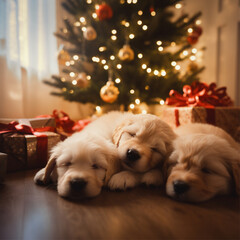 golden retriever puppy sleeping under the tree with Christmas gifts. generated AI.