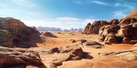 A vast, Arid Desert with Blue Skies. Rocky Desert Landscape