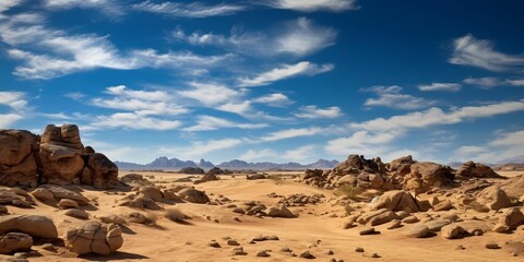 Fototapeta na wymiar A vast, Arid Desert with Blue Skies. Rocky Desert Landscape