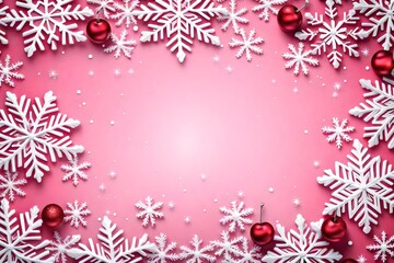 Cherry pink Christmas frame of snow and silver snowflakes. Winter holidays greeting card with copy space. New Year.