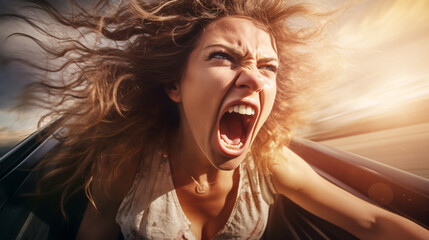 Aggressive woman driving car shouting at camera - woman yelling in anger - rode rage concept - obrazy, fototapety, plakaty