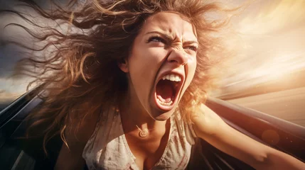 Fotobehang Aggressive woman driving car shouting at camera - woman yelling in anger - rode rage concept © Chamli_Pr