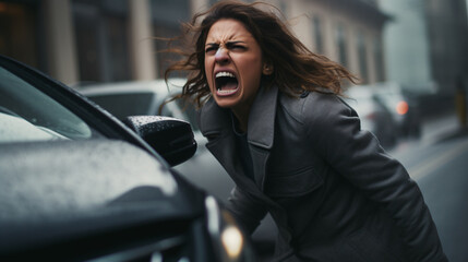 Aggressive woman shouting to a car driver - Angry woman yelling in a traffic  - rode rage concept - obrazy, fototapety, plakaty
