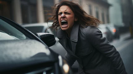 Fotobehang Aggressive woman shouting to a car driver - Angry woman yelling in a traffic  - rode rage concept © Chamli_Pr